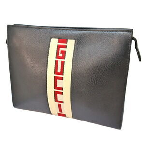 Gucci Shoulder Bag Clutch Web Stripe Shelly Leather Black